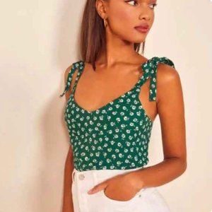 Reformation Makati Green and White Floral Tie Top (50% OFF!)